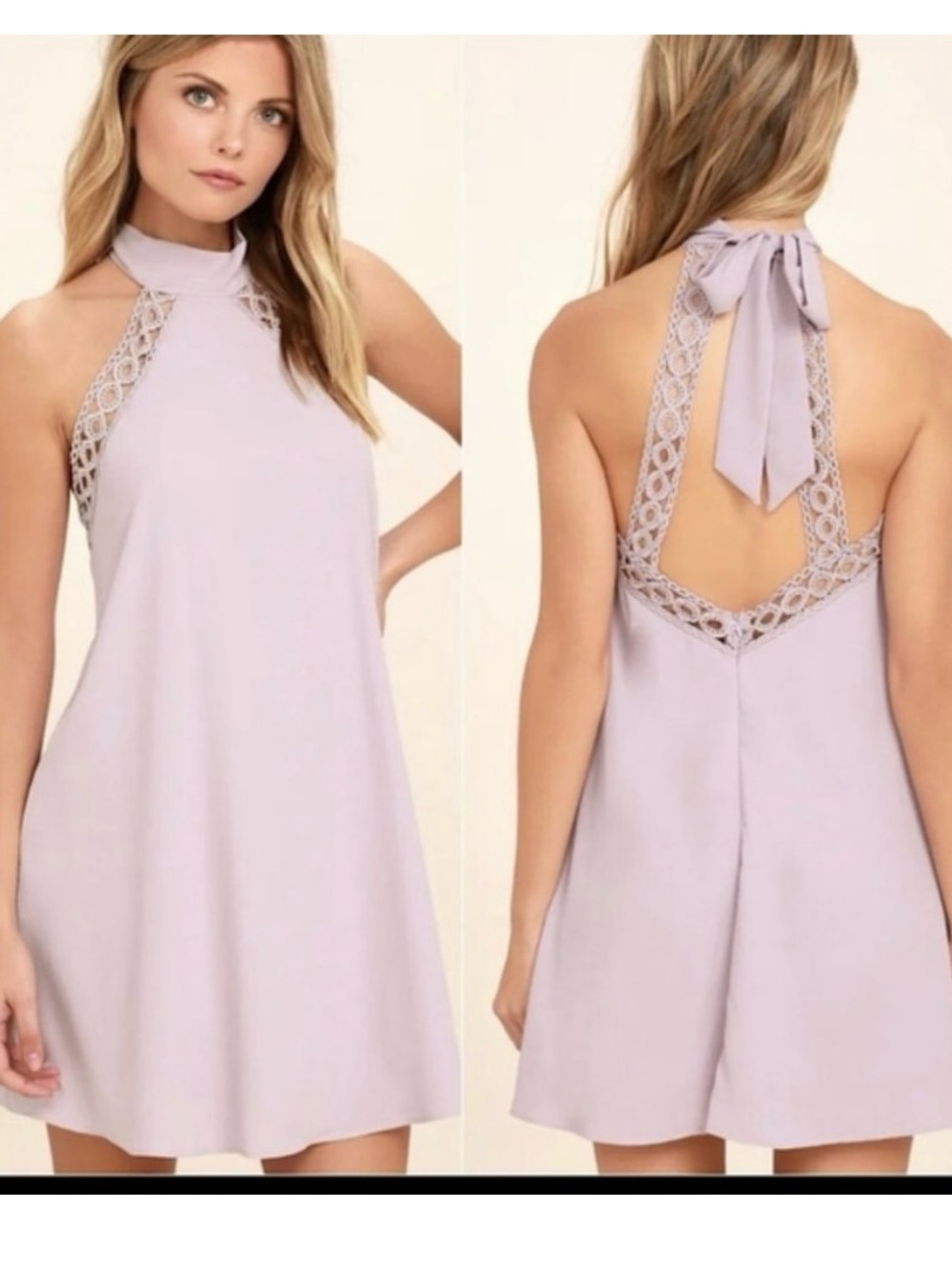 Lulu's Lavender Halter Backless Mini Dress with Lace Trim